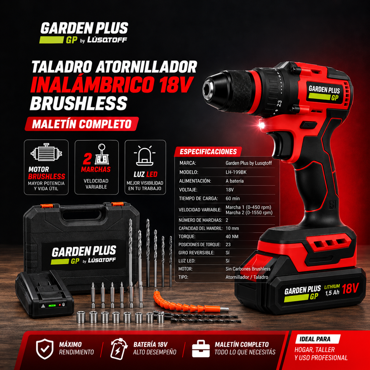 Taladro Atornillador Inalambrico 18v Garden Plus Maletin