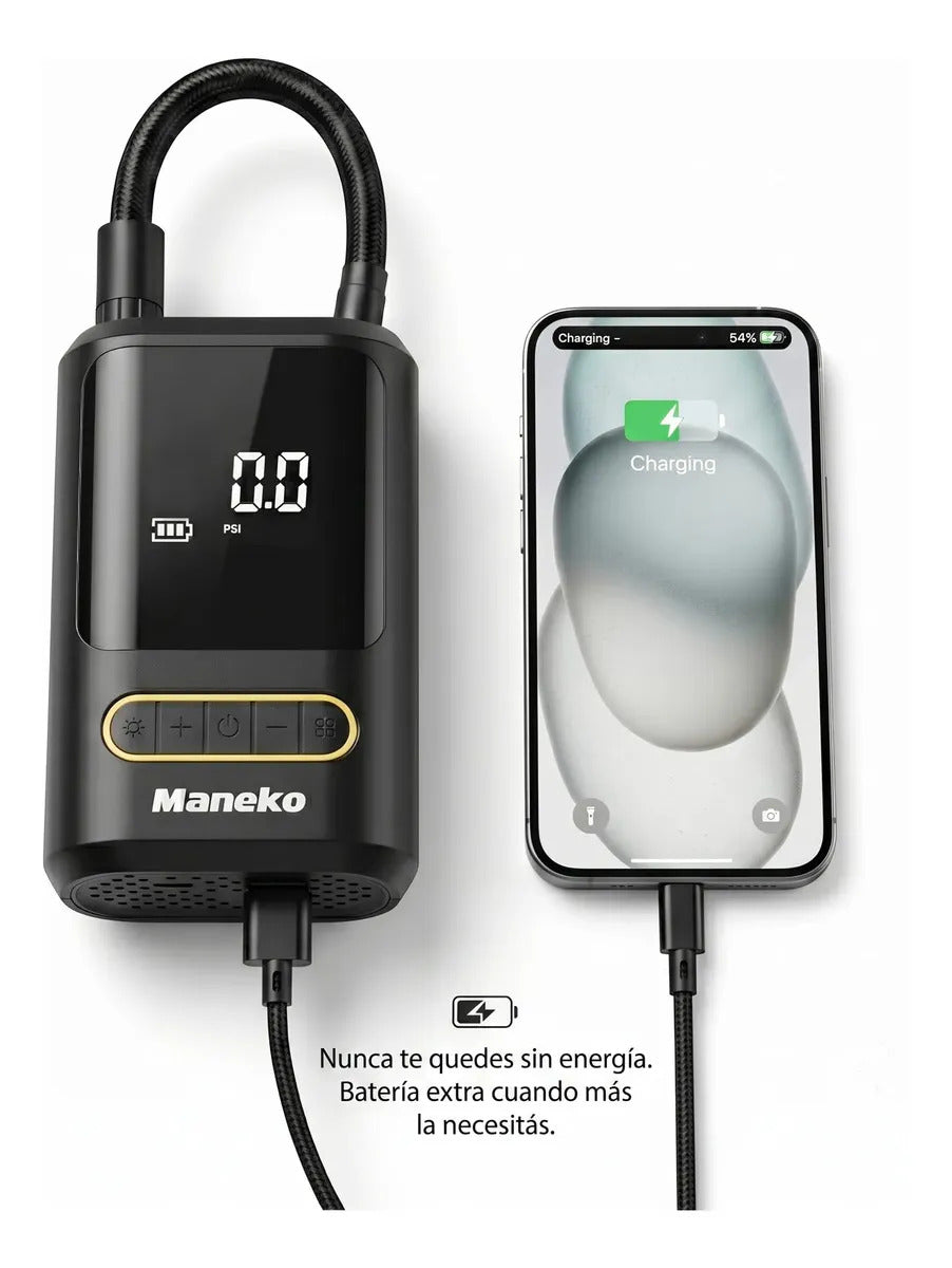 Inflador Compresor de Aire Portátil Inalámbrico Maneko para Auto, Moto y Bici con Powerbank y Luz LED