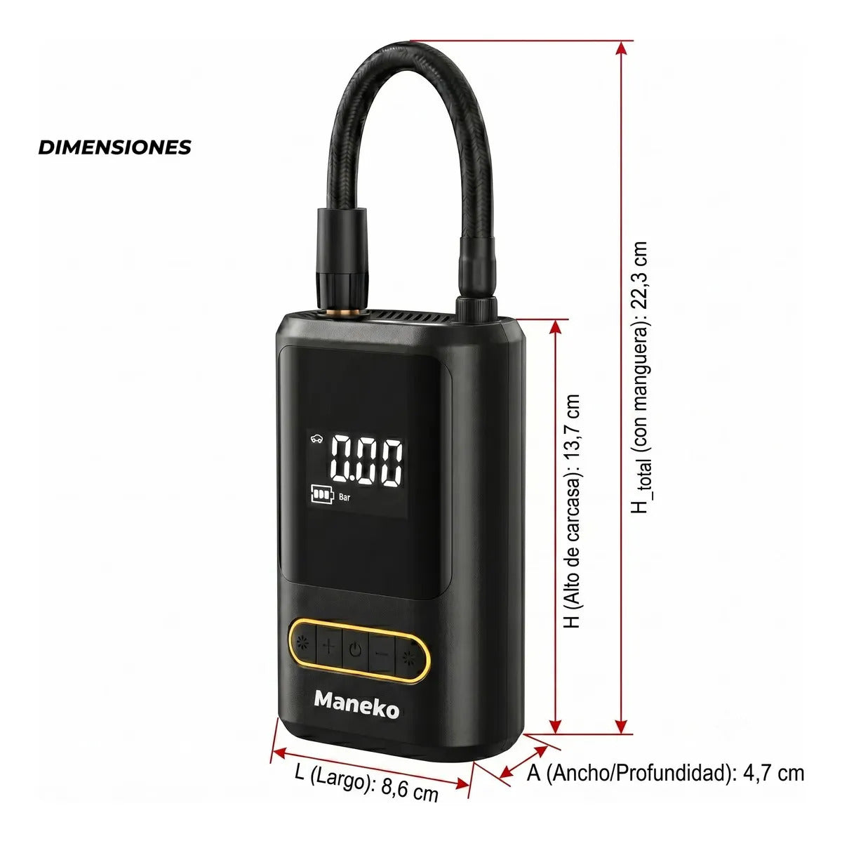 Inflador Compresor de Aire Portátil Inalámbrico Maneko para Auto, Moto y Bici con Powerbank y Luz LED