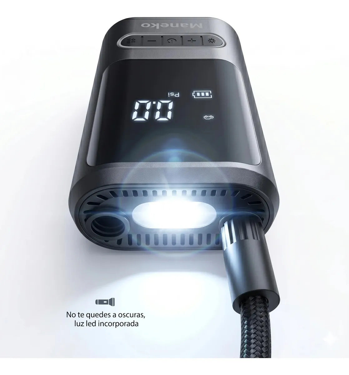 Inflador Compresor de Aire Portátil Inalámbrico Maneko para Auto, Moto y Bici con Powerbank y Luz LED