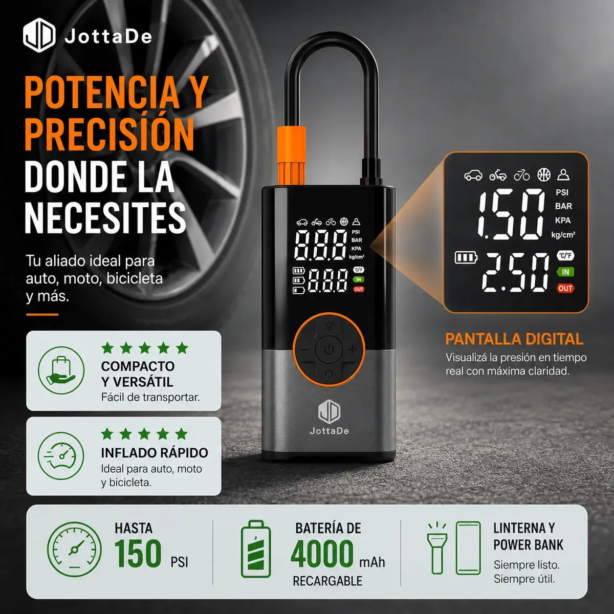 Compresor De Aire Portátil Jd Air Master 150 Psi Inflador Neumáticos Moto Bicicleta Inflables Pelotas Linterna Cargador De Celular Color Negro