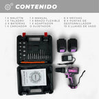 Taladro Atornillador Percutor 20v 2 Baterías Kit Completo Portatil Inalambrico Rosa