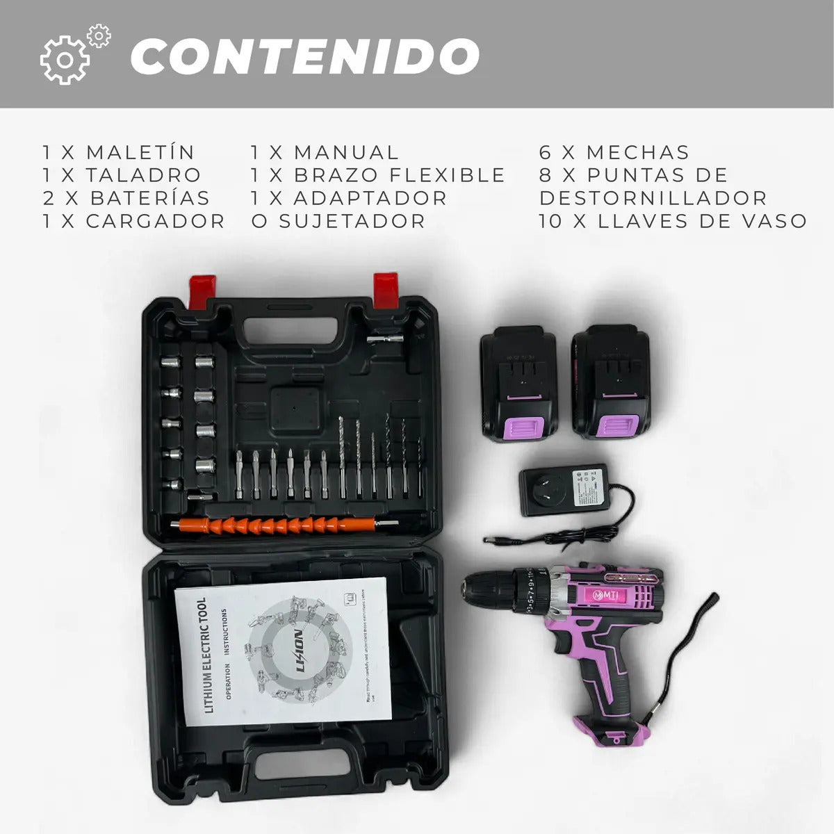 Taladro Atornillador Percutor 20v 2 Baterías Kit Completo Portatil Inalambrico Rosa