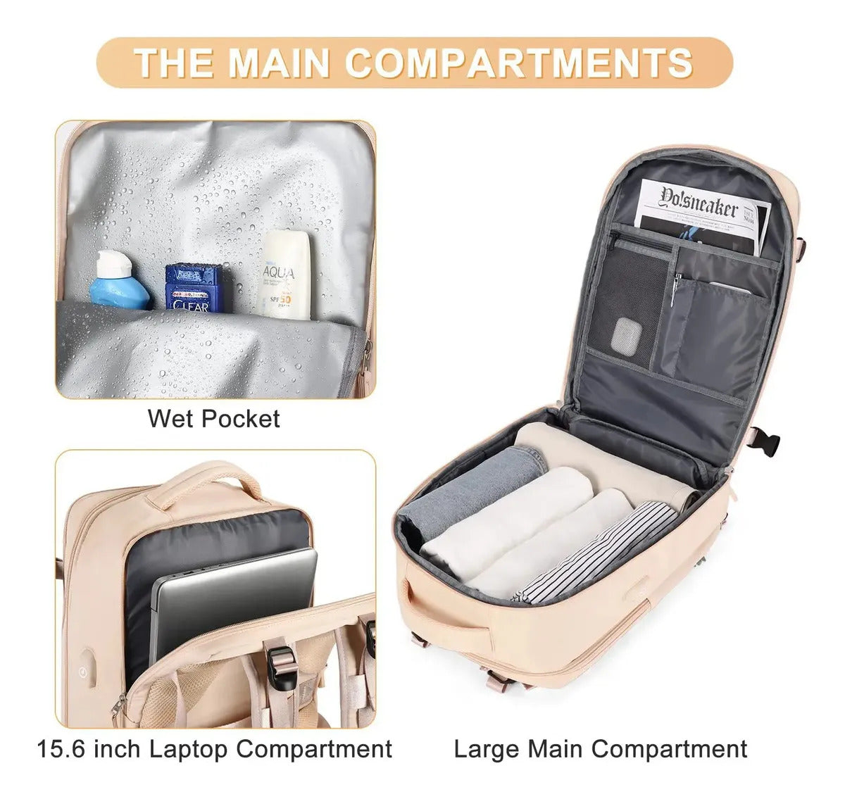 Mochila Viaje Carry On Compartimientos Usb Impermeable Viral Color Crema Diseño de la tela Liso