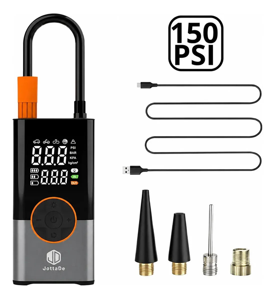 Compresor De Aire Portátil Jd Air Master 150 Psi Inflador Neumáticos Moto Bicicleta Inflables Pelotas Linterna Cargador De Celular Color Negro