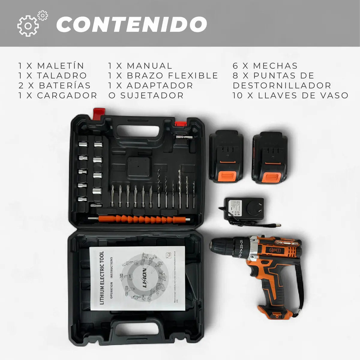 Taladro Atornillador Percutor 20v 2 Baterías Kit Completo Portatil Inalambrico Naranja
