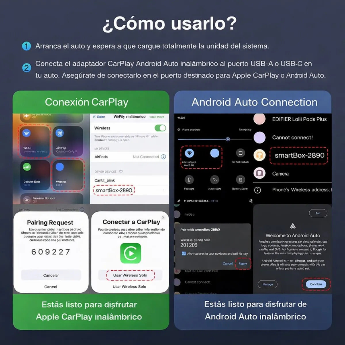 Adaptador Inalámbrico Carplay Android Auto 2 En 1 Usb Tipo C Gris Oscuro