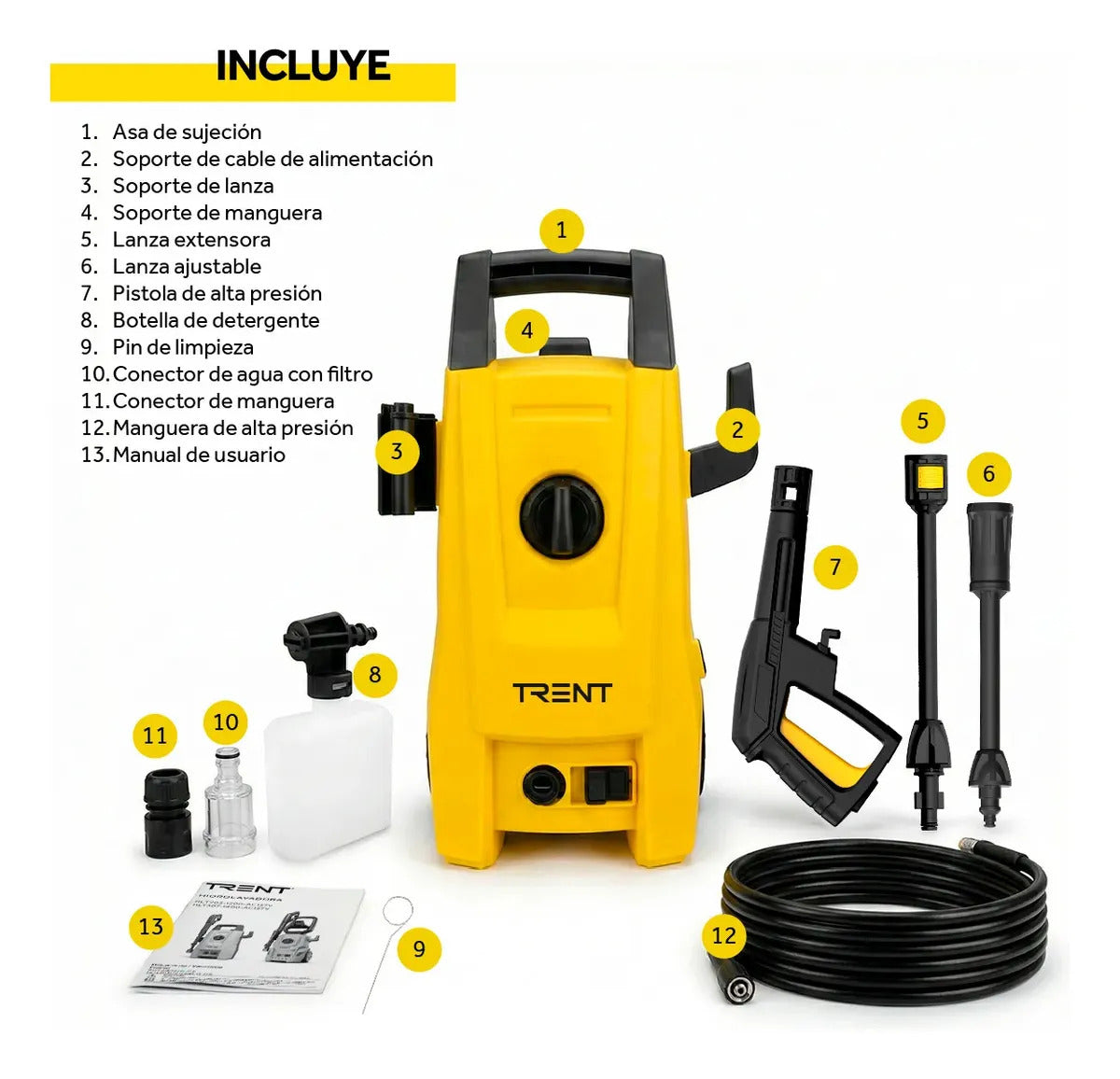 Hidrolavadora Electrica Alta Presion Trent Hlt203 1600 Psi 110 Bar Con Accesorios