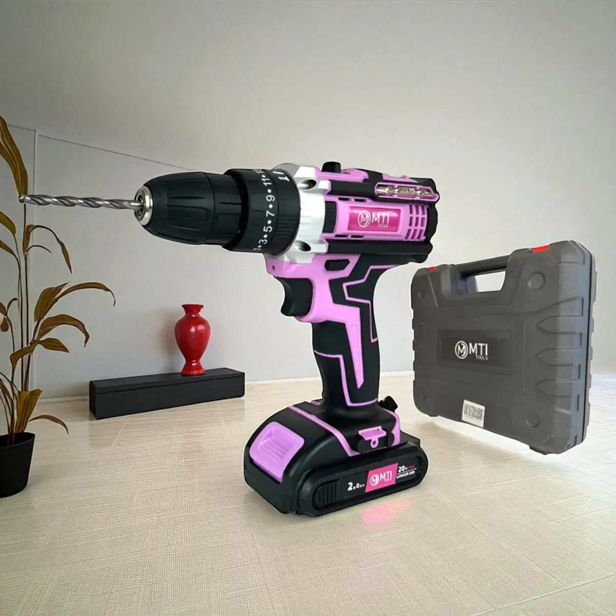 Taladro Atornillador Percutor 20v 2 Baterías Kit Completo Portatil Inalambrico Rosa
