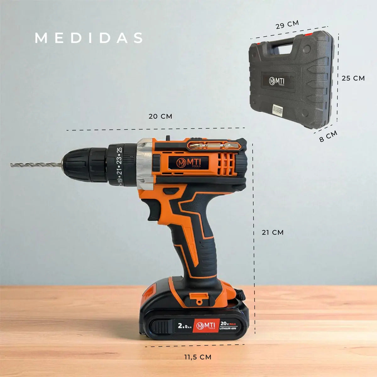 Taladro Atornillador Percutor 20v 2 Baterías Kit Completo Portatil Inalambrico Naranja