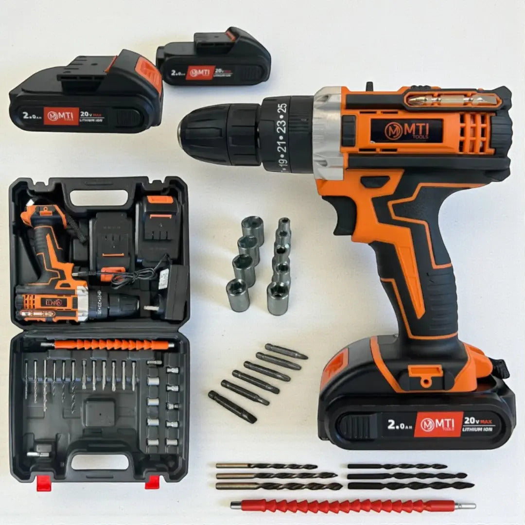 Taladro Atornillador Percutor 20v 2 Baterías Kit Completo Portatil Inalambrico Naranja