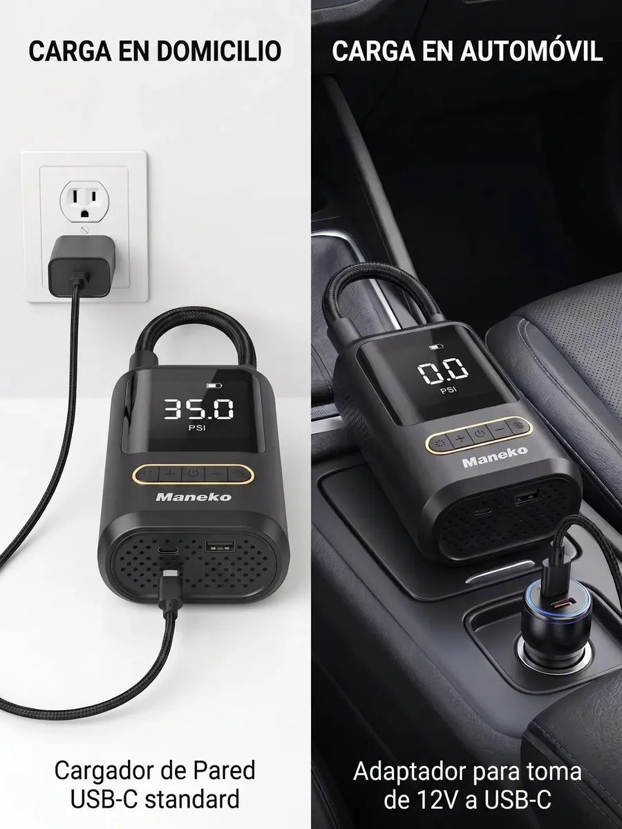 Inflador Compresor de Aire Portátil Inalámbrico Maneko para Auto, Moto y Bici con Powerbank y Luz LED