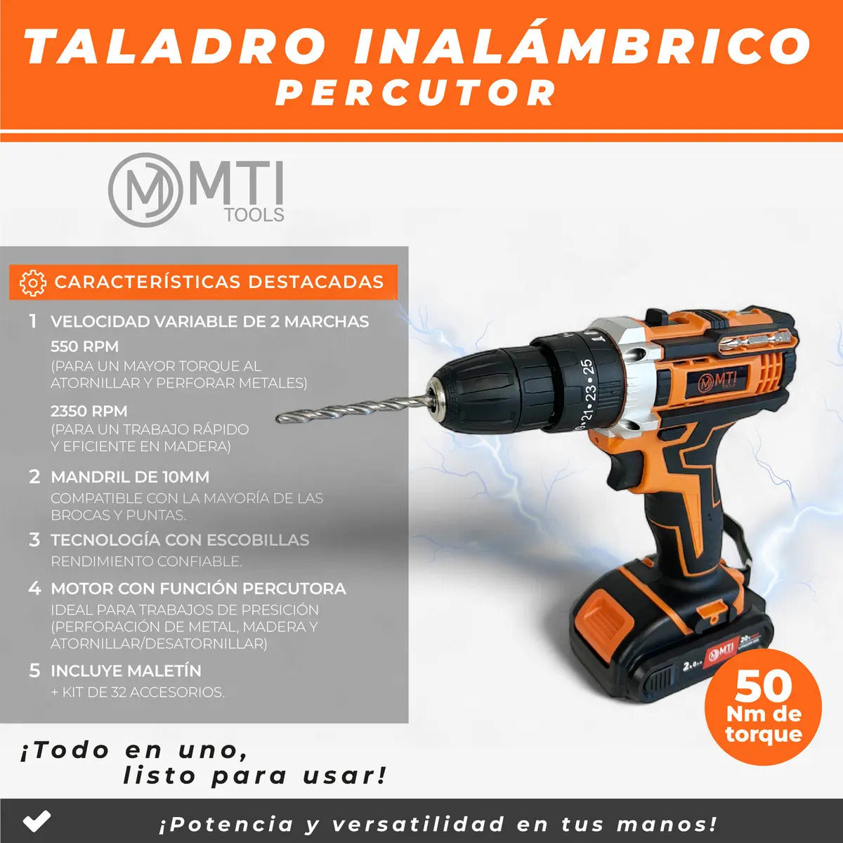 Taladro Atornillador Percutor 20v 2 Baterías Kit Completo Portatil Inalambrico Naranja