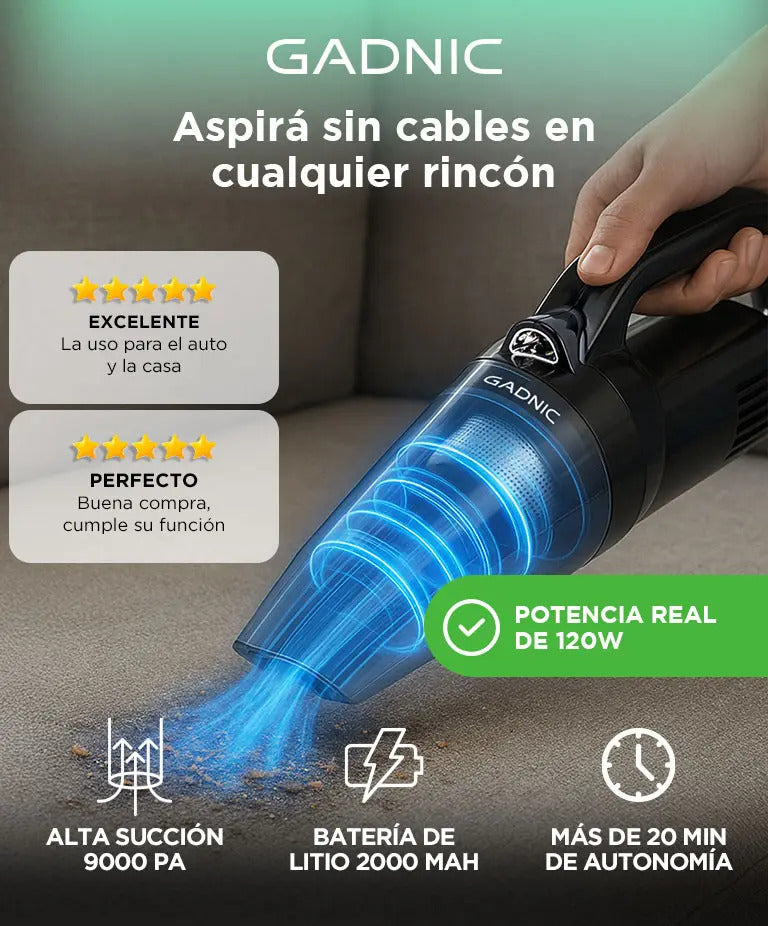 Aspiradora De Mano Portátil Gadnic 9000Pa Batería Duradera Auto y Hogar 120W