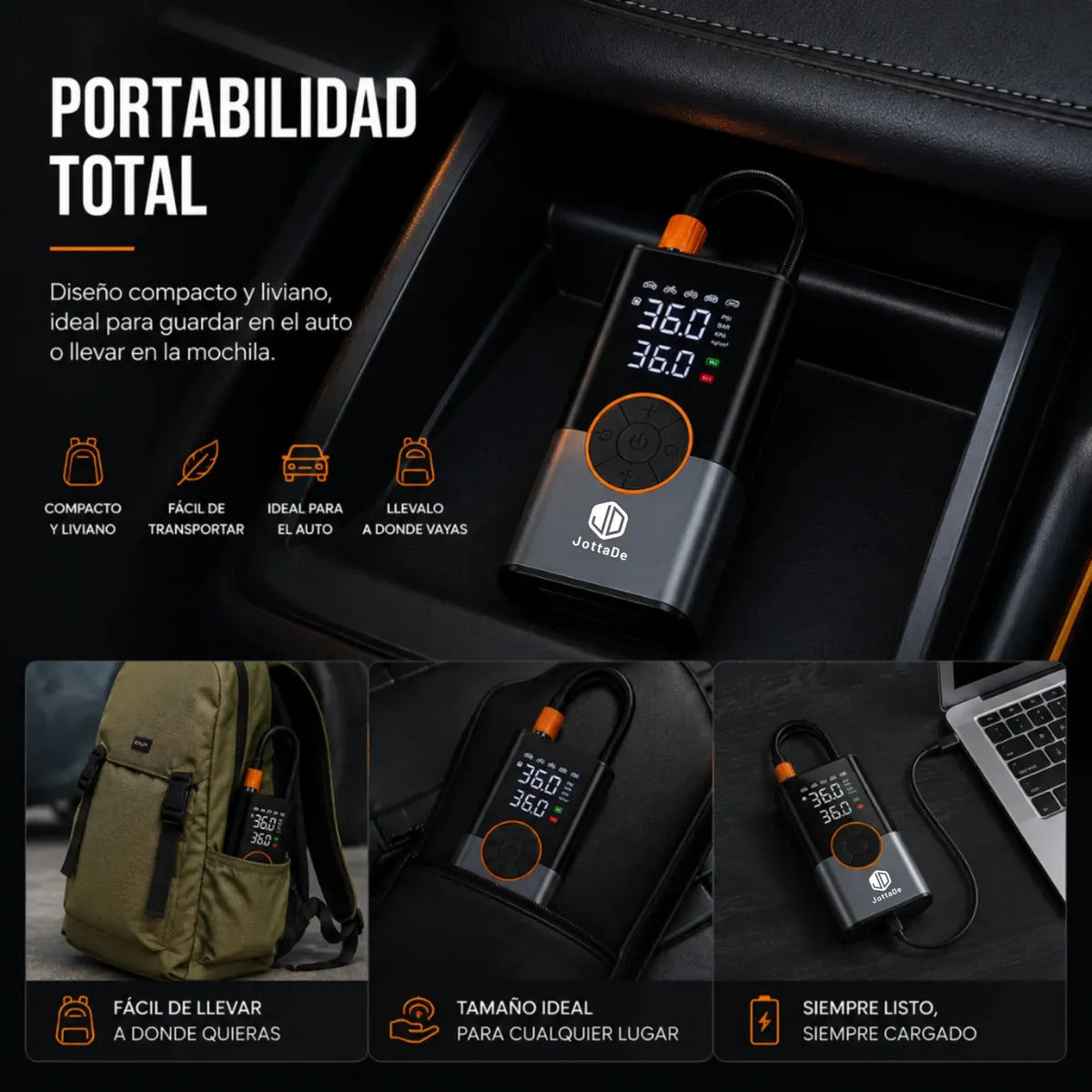 Compresor De Aire Portátil Jd Air Master 150 Psi Inflador Neumáticos Moto Bicicleta Inflables Pelotas Linterna Cargador De Celular Color Negro