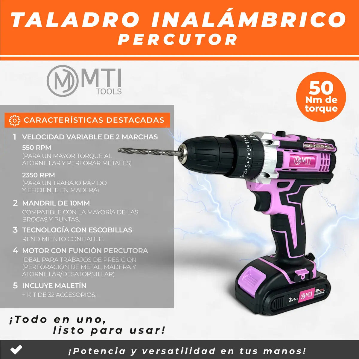 Taladro Atornillador Percutor 20v 2 Baterías Kit Completo Portatil Inalambrico Rosa